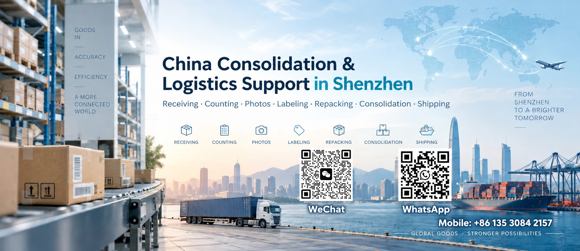 China consolidation and logistics support in Shenzhen — receiving, counting, photos, labeling, repacking, consolidation, shipping